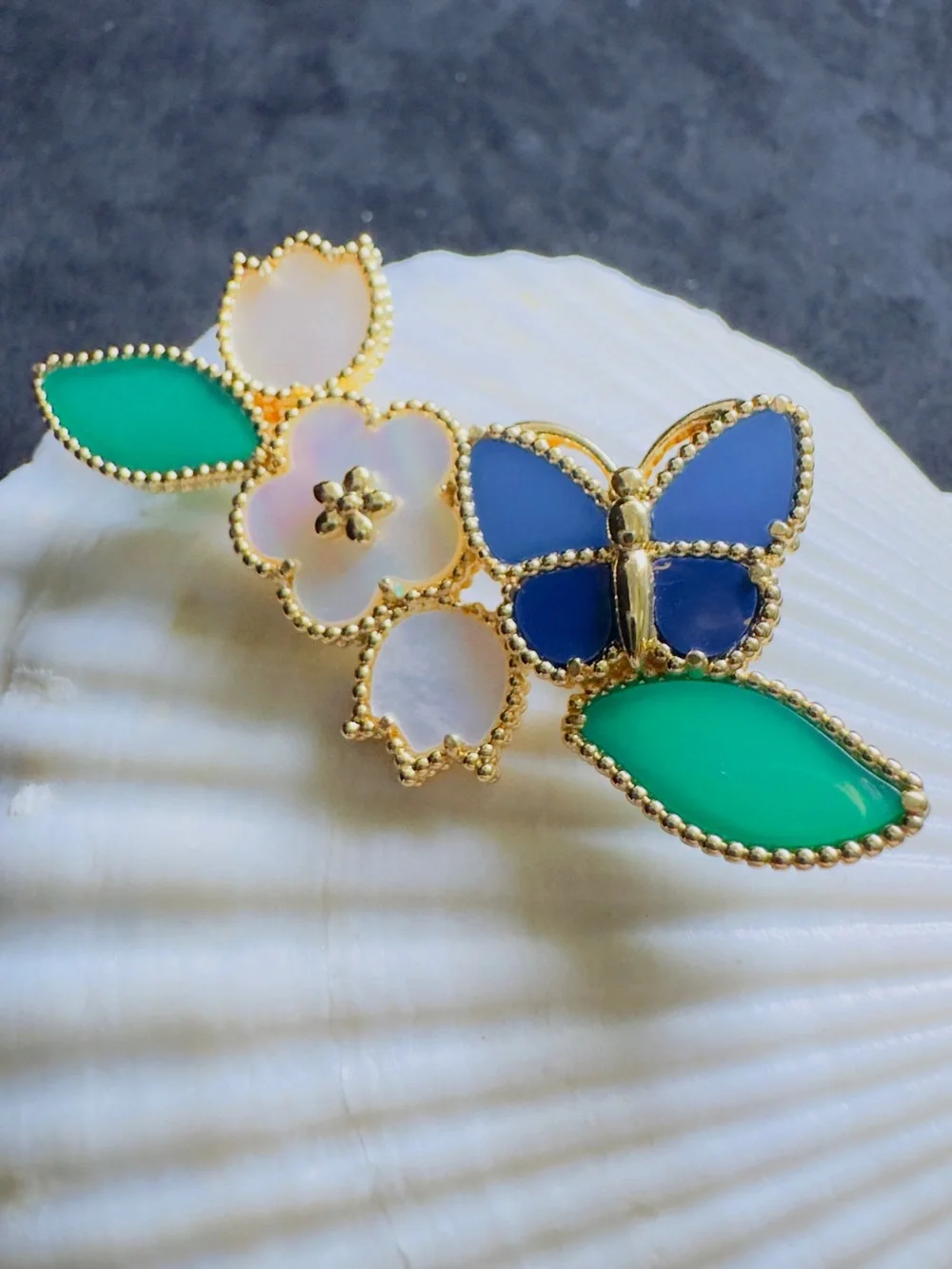 Gold-Tone Floral & Butterfly Multicolor Brooch - Blue, Green, Opal
